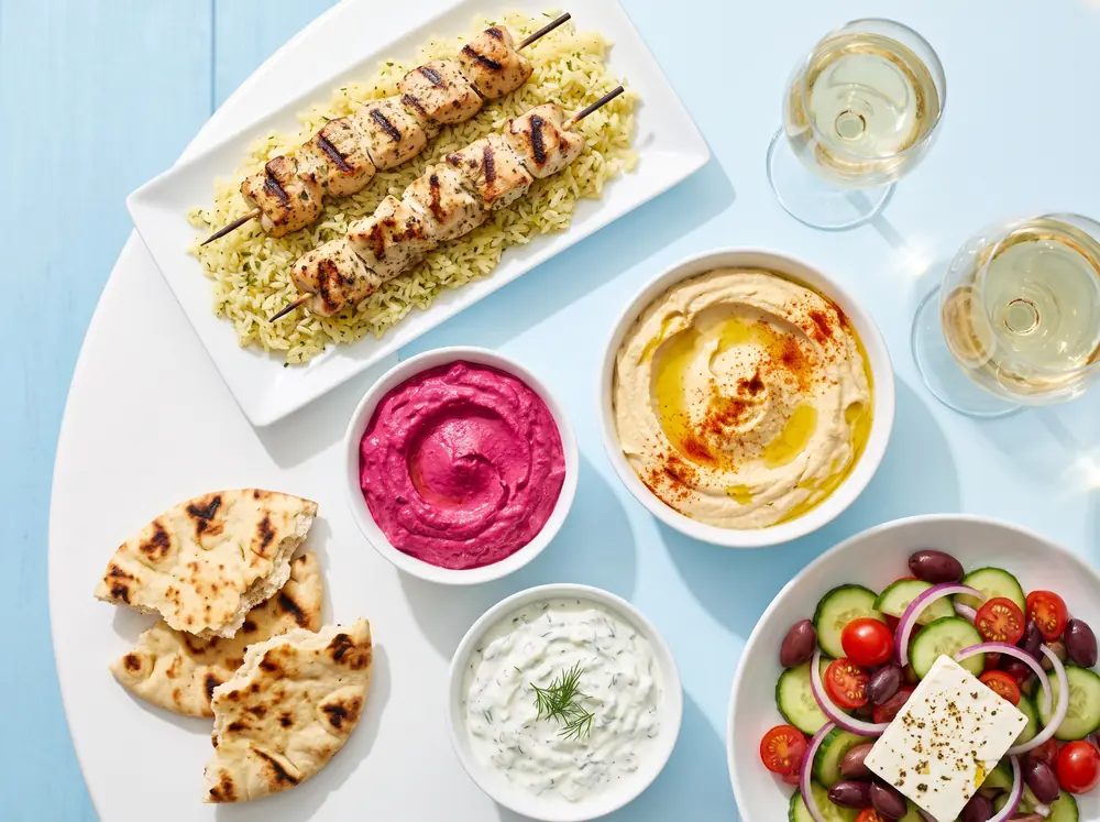 Mesa mediterr&aacute;nea servida vista desde arriba: brochetas de pollo sobre arroz al lim&oacute;n, hummus, labni de betabel, tzatziki, pan pita y ensalada griega sobre una mesa azul claro