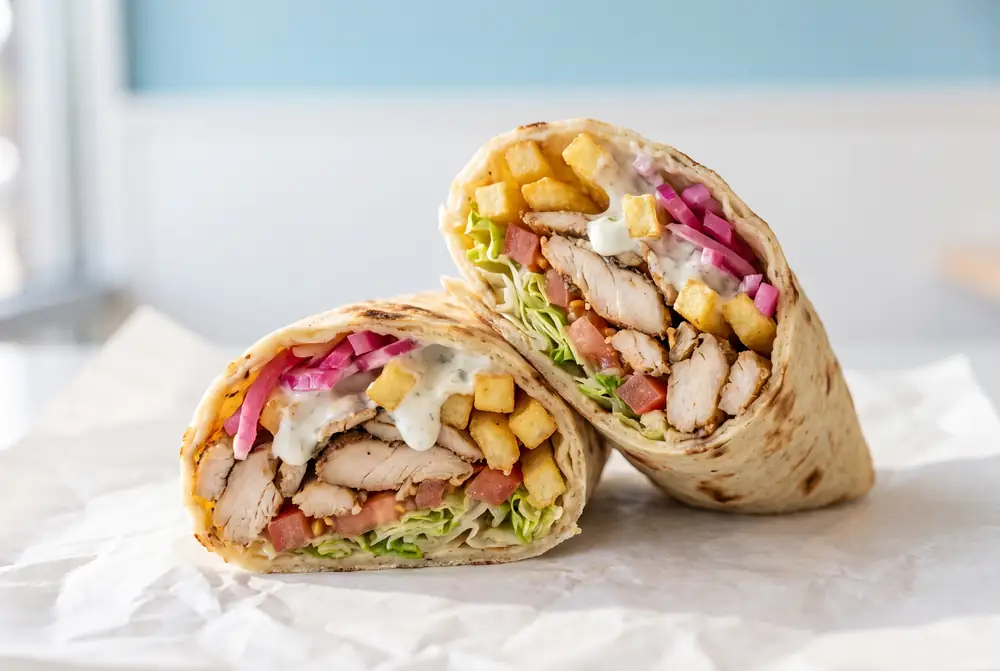 Pita de pollo cortada por la mitad con las papas fritas envueltas dentro, lechuga, tomate, cebolla encurtida y salsa blanca