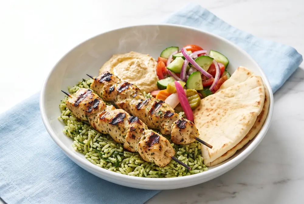 Plato de arroz con dos brochetas de pollo a la parrilla, arroz al limon, hummus y ensalada griega