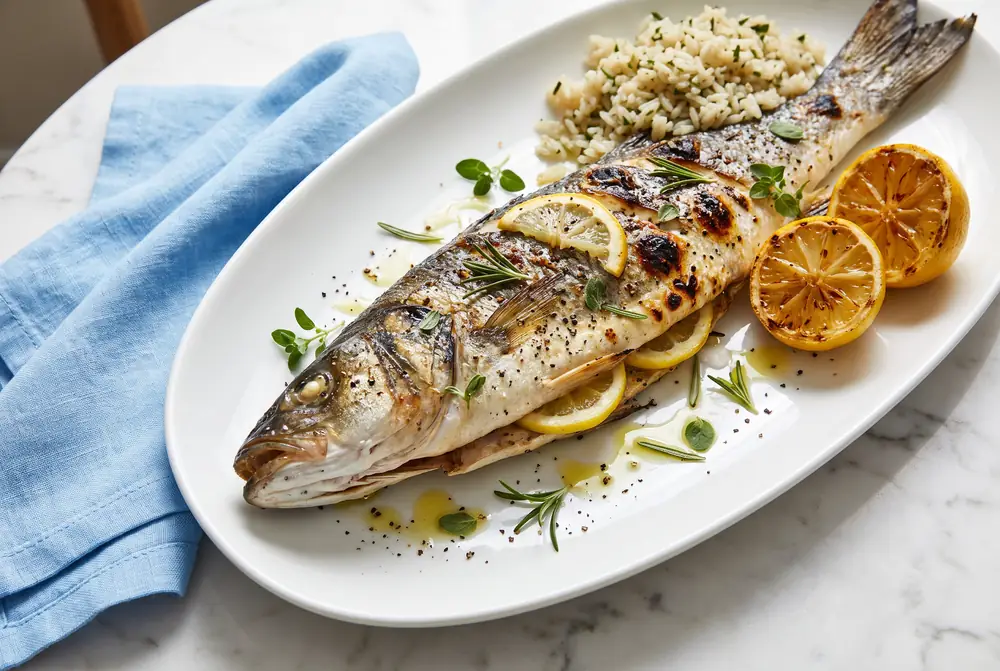 Branzino entero a la parrilla con romero, oregano, limon asado y arroz con hierbas en un platon blanco